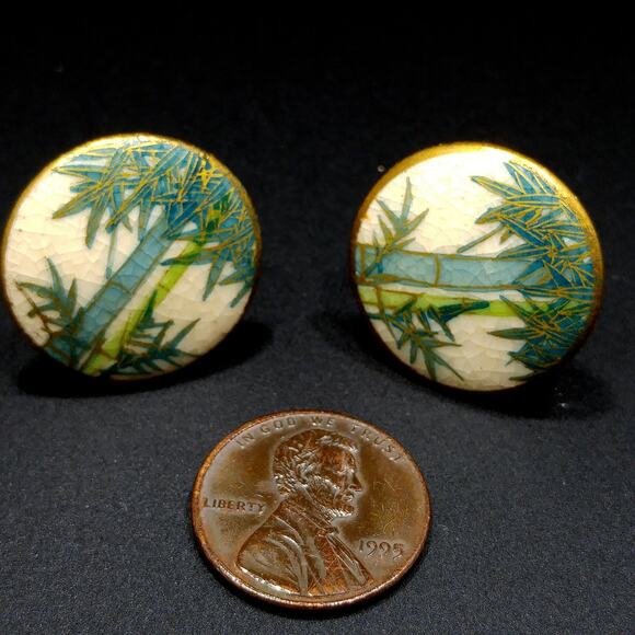 Vintage Japanese Satsuma Porcelain Earrings, Screw Backs, Bamboo Pattern - Picture 9 of 10